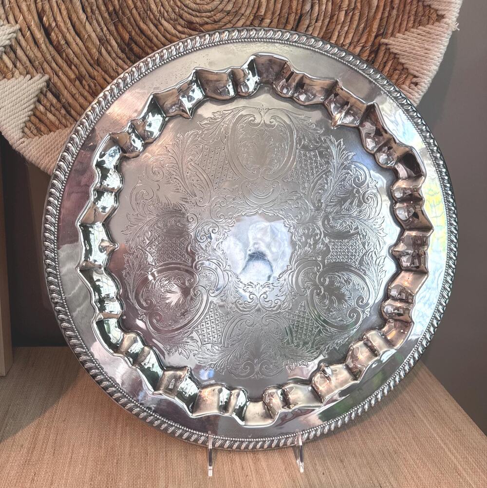 Vintage Sheridan Silver Round Scalloped Tray 17"- Bar Cart Decor